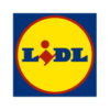 Lidl Logo mit blauem Schriftzug auf gelbem Kreis mit roter Umrandung