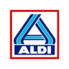ALDI-Logo in blau und türkis mit charakteristischem Dreieck-Design und rotem Rahmen